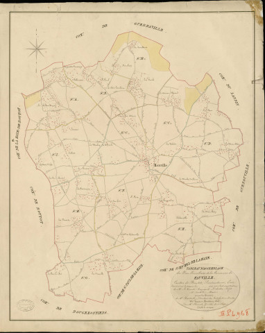 Hauville. Tableau d'assemblage _ du Plan Parcellaire de la Commune de Hauville _ Canton de Routot - Pontaudemer - Eure. _ Terminé sur le Terrain en 1826 , sous l'administration de M.Le Vicomte Raymond Delaitre, Préfet _ M. Sarvalle, Maire _ sous la Direction de M.Hurtrelle, Directeur des Contributions directes _ M. Hautier, Géomètre en Chef. _ Par M. Chainot, Géomètre de 1re classe.