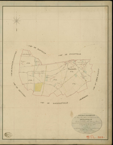 Duranville. Tableau d'assemblage _ du Plan Parcellaire de la Commune de Duranville _ Canton de Thiberville - Bernay - Eure. _ Terminé sur le Terrain le 30 Novembre 1846 , sous l'administration de M. Petit de Bantel, Préfet _ M. Dutheil, Maire _ sous la Direction de M.Violas de Martigny, Directeur des Contributions directes _ M. Le Fébure, Géomètre en Chef. _ Par M. Drouet, Géomètre de 1re classe.