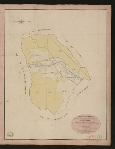 Saint-Paër. Tableau d'assemblage du Plan Parcellaire de la Commune de Saint-Paër. _ Canton de Gisors - Andelys - Eure. _ Terminé sur le terrain le 3 septembre 1840, sous l'administration de M. de Monicault, Préfet - M. Lefèvre, Maire et sous la direction de M. Garnier, Directeur des Contributions directes. _ M. Le Fébure, Géomètre en Chef. _ Par M. Lefebvre, Géomètre de 1re classe