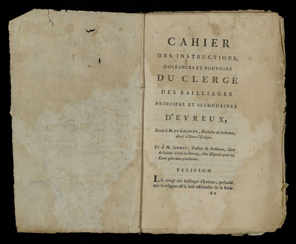 Cahier imprimé : Cahier des instructions, doléances et pouvoirs du clergé des bailliages principal et secondaires d'Evreux.