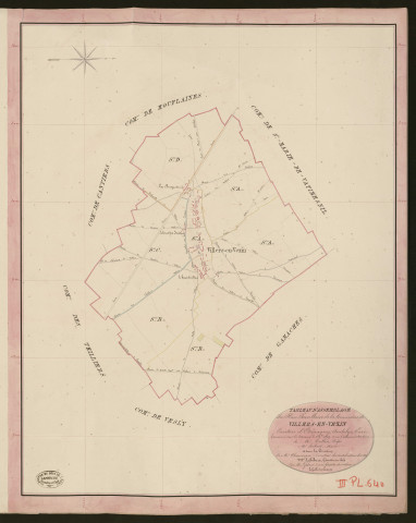 Villers-en-Vexin. Tableau d'assemblage du Plan Parcellaire de la Commune de Villers-en-Vexin. _ Canton d'Etrépagny - Andelys - Eure. _ Terminé sur le terrain le 6 septembre 1849, sous l'administration de M. Vallon, Préfet - M. hébert, Maire et sous la direction de M. Chauveau, Directeur des Contributions directes. _ M. Le Fébure, Géomètre en Chef. _ Par M. Lefebvre Désiré, Géomètre de 1re classe