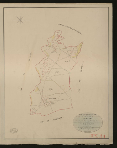Valailles. Tableau d'assemblage _ du Plan Parcellaire de la Commune de Valailles _ Canton de Bernay - Bernay - Eure. _ Terminé sur le terrain le 26 août 1830, sous l'administration de M. A Passy, Préfet _ M. Gardien, maire _ en sous la Direction de M. Marel, Directeur des Contributions directes. _ M. Hautier, Géomètre en Chef. _ Par M. Auxerre, Géomètre de 1re classe.