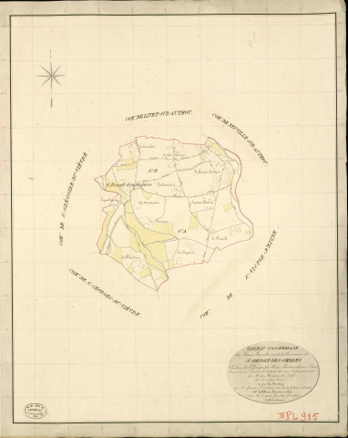 Saint-Benoît-des-Ombres. Tableau d'assemblage _ du Plan Parcellaire de la Commune de St Benoit-des-Ombres _ Canton de St Georges-du-Vièvre - Pontaudemer - Eure. _ Terminé sur le Terrain le 4 Aout 1838 , sous l'administration de M. de Monicault, Préfet _ M. Duclos, Maire _ sous la Direction de M.Garnier, Directeur des Contributions directes _ M. Le Fébure, Géomètre en Chef. _ Par M. Drouet, Géomètre de 1re classe.