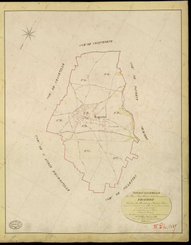 Ecquetot. Tableau d'assemblage _ du Plan Parcellaire de la Commune d'Ecquetot _ Canton de Neubourg - Louviers - Eure. _ Terminé sur le Terrain le 30 Octobre 1843, sous l'administration de M. Zédé, Préfet _ M. Duquatremare, Maire _ et sous la Direction de M. Garnier, Directeur des Contributions directes _ M. Le Fébure, Géomètre en Chef. _ Par M. Lefebure, Géomètre de 1re classe.