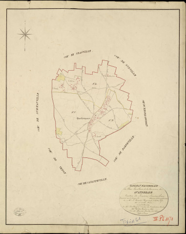 Quatremare. Tableau d'assemblage _ du Plan Parcellaire de la Commune de Quatremare _ Canton de Louviers - Louviers - Eure. _ Terminé sur le Terrain en 1823, sous l'administration de M. Le Vicomte Raymond Delaitre, Préfet _ M. Duval, Maire _ et sous la Direction de M. Boullenger, Directeur des Contributions directes _ M. Hautier, Géomètre en Chef. _ Par M. Meunier, Géomètre de 1re classe.