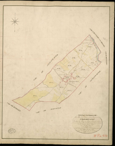Hardencourt-Cocherel. Tableau d'assemblage _ du Plan Parcellaire de la Commune de Hardencourt _ Canton de Pacy sur Eure - Evreux - Eure. _ Terminé sur le Terrain le 25 Juillet 1851, sous l'administration de M. Le Comte Guyot, Préfet _ M. Bertin, Maire _ et sous la Direction de M. Chauveau, Directeur des Contributions directes _ M. Lefébure, Géomètre en Chef. _ Par M. Lenglet, Géomètre de 1re classe.