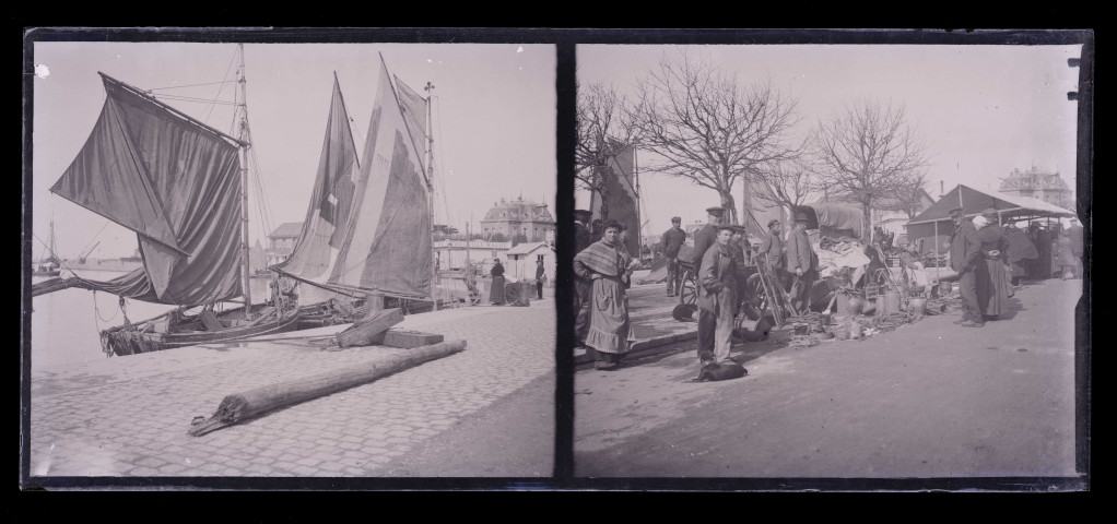 Bateaux de pêche à quai dans le port de Trouville (Calvados). Brocante sur le port de Trouville (Calvados).