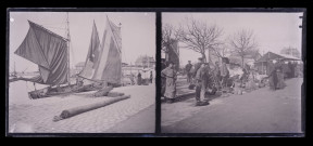 Bateaux de pêche à quai dans le port de Trouville (Calvados). Brocante sur le port de Trouville (Calvados).