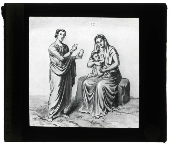Dessin de Vierge à l'enfant et du prophète Isaïe aux catacombes Sainte-Priscille à Rome (Italie).