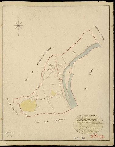 Saint-Pierre-du-Vauvray. Tableau d'assemblage _ du Plan Parcellaire de la Commune de St Pierre du Vauvray _ Canton de Louviers - Louviers - Eure. _ Terminé sur le Terrain en 1823, sous l'administration de M. Le Vicomte Raymond Delaitre, Préfet _ M. Dannequin, Maire _ et sous la Direction de M. Boullenger, Directeur des Contributions directes _ M. Hautier, Géomètre en Chef. _ Par M. Roger, Géomètre de 1re classe.