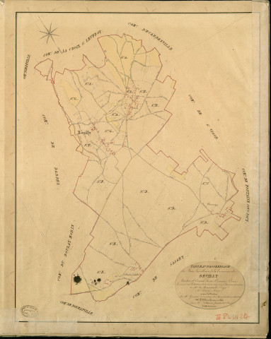 Reuilly. Tableau d'assemblage _ du Plan Parcellaire de la Commune de Reuilly _ Canton de Evreux (nord) - Evreux - Eure. _ Terminé sur le Terrain le 19 Aout 1841 , sous l'administration de M. de Monicault, Préfet _ M. Jouen, Maire _ sous la Direction de M. Garnier, Directeur des Contributions directes _ M. Le Fébure, Géomètre en Chef. _ Par M. Ledanois, Géomètre de 1re classe.