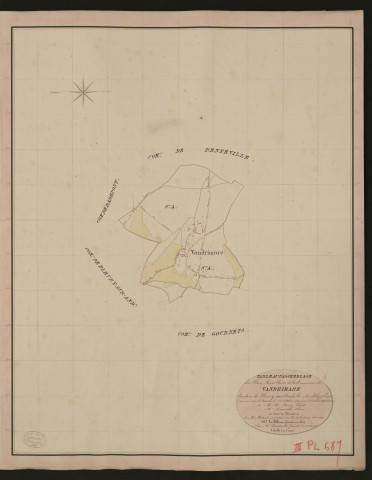 Vandrimare. Tableau d'assemblage du Plan Parcellaire de la Commune de Vandrimare. _ Canton de Fleury-sur-Andelle - Andelys - Eure. _ Terminé sur le terrain le 23 octobre 1835, sous l'administration de M. A. Passy, Préfet - M. Roussel, Maire et sous la direction de M. Marel, Directeur des Contributions directes. _ M. Le Fébure, Géomètre en Chef. _ Par M. Renault, Géomètre de 1re classe