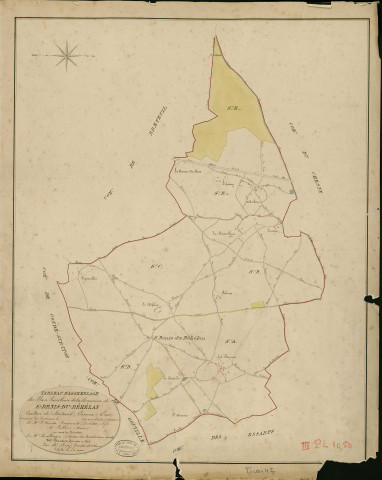Saint-Denis-du-Béhélan. Tableau d'assemblage _ du Plan Parcellaire de la Commune de Saint Denis-du-Béhélan _ Canton de Breteuil - Evreux - Eure. _ Terminé sur le Terrain en 1829 , sous l'administration de M. Le Vicomte Raymond Delaître , Préfet _ M. Leclerc, Maire _ sous la Direction de M.Boullenger, Directeur des Contributions directes _ M. Hautier, Géomètre en Chef. _ Par M. Lecerf, Géomètre de 1re classe.