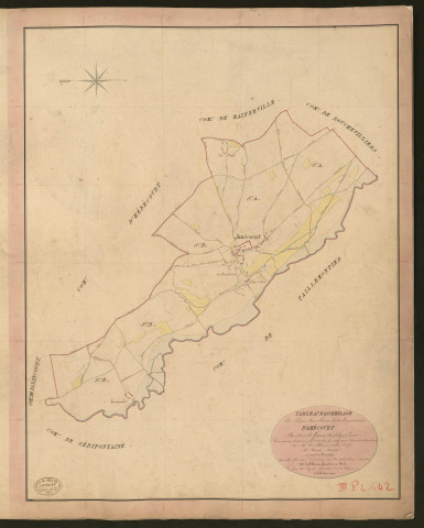Amécourt. Tableau d'assemblage du Plan Parcellaire de la Commune d'Amécourt. _ Canton de Gisors - Andelys - Eure. _ Terminé sur le terrain le 8 septembre 1840, sous l'administration de M. de Monicault, Préfet - M. Vinot, Maire et sous la direction de M. Garnier, Directeur des Contributions directes. _ M. Le Fébure, Géomètre en Chef. _ Par M. Pizier, Géomètre de 1re classe