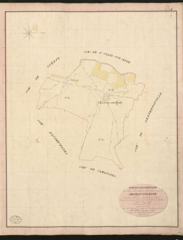 Château-sur-Epte. Tableau d'assemblage du Plan Parcellaire de la Commune de Château-sur-Epte. _ Canton d'Ecos - Andelys - Eure. _ Terminé sur le terrain le 31 août 1836, sous l'administration de M. A Passy, Préfet - M. Trouard, Maire et sous la direction de M. Marel, Directeur des Contributions directes. _ M. Le Fébure, Géomètre en Chef. _ Par M. Lenglet, Géomètre de 1re classe