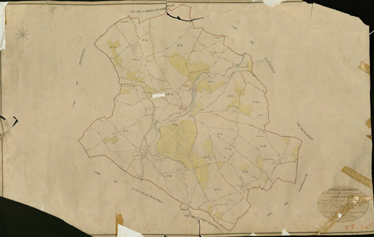 Condé-sur-Iton. Tableau d'assemblage _ du Plan Parcellaire de la Commune de Condé-sur-Iton _ Canton de Breteuil - Evreux - Eure. _ Terminé sur le Terrain en 1829 , sous l'administration de M. Le Vicomte Raymond Delaître , Préfet _ M. Le Vacher Durclé, Maire _ sous la Direction de M.Boullenger, Directeur des Contributions directes _ M. Hautier, Géomètre en Chef. _ Par M. Gérard, Géomètre de 1re classe.
