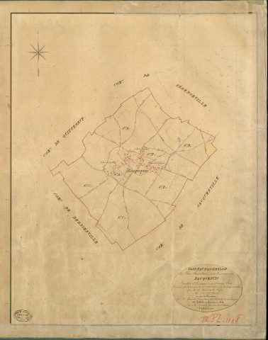 Bacquepuis. Tableau d'assemblage _ du Plan Parcellaire de la Commune de Bacquepuis _ Canton de Evreux (nord) - Evreux - Eure. _ Terminé sur le Terrain le 28 Octobre 1840 , sous l'administration de M. de Monicault, Préfet _ M. Duval, Maire _ sous la Direction de M. Garnier, Directeur des Contributions directes _ M. Le Fébure, Géomètre en Chef. _ Par M. Gérard, Géomètre de 1re classe.