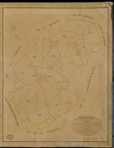 Caugé. Tableau d'assemblage _ du Plan Parcellaire de la Commune de Caugé _ Canton de Evreux Sud - Evreux - Eure. _ Terminé sur le Terrain le 7 Juillet 1841 , sous l'administration de M. Zédé, Préfet _ M. Deshayes, Maire _ sous la Direction de M. Garnier, Directeur des Contributions directes _ M. Le Fébure, Géomètre en Chef. _ Par M. Drouet, Géomètre de 1re classe.