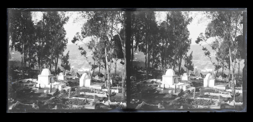 Cimetière et mausolées sur une colline.