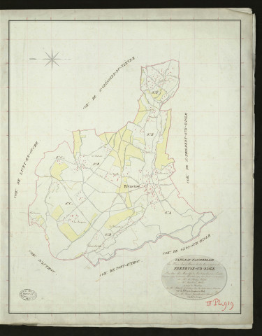 Freneuse-sur-Risle. Tableau d'assemblage _ du Plan Parcellaire de la Commune de Freneuse-sur-Risle _ Canton de Montfort - Pontaudemer - Eure. _ Terminé sur le Terrain le 1er mars 1832, sous l'administration de M. A Passy, Préfet _ M. Cavelier, Maire _ sous la Direction de M.Marel, Directeur des Contributions directes _ M. Le Fébure, Géomètre en Chef. _ Par M. Canu, Géomètre de 1re classe.