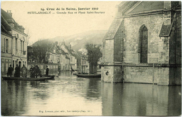Andelys (Les). Crue de la Seine, Janvier 1910 - Petit Andely Grande rue et Place St Sauveur.
