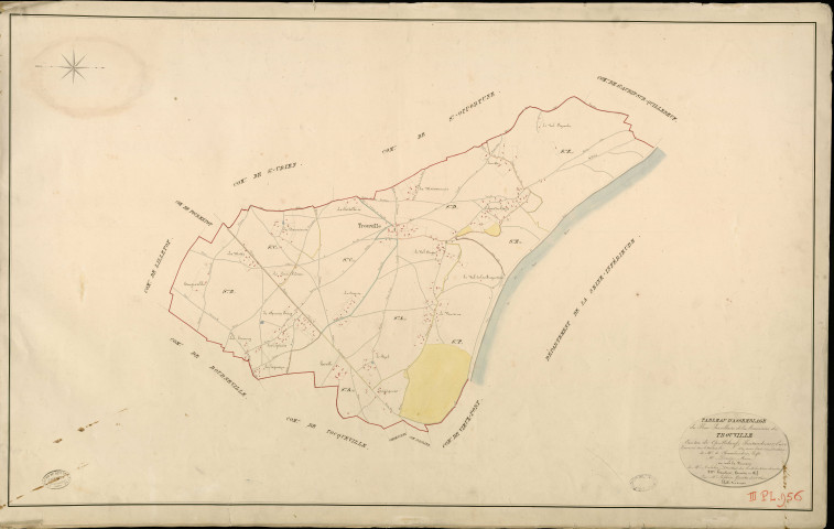 Trouville-la-Haule. Tableau d'assemblage _ du Plan Parcellaire de la Commune de Trouville _ Canton de Quillebeuf - Pontaudemer - Eure. _ Terminé sur le Terrain en 1824, sous l'administration de M. de Chambaudoin, Préfet _ M. Denize, Maire _ sous la Direction de M.Aubelin, Directeur des Contributions directes _ M. Hautier, Géomètre en Chef. _ Par M. Lefebure, Géomètre de 1re classe.