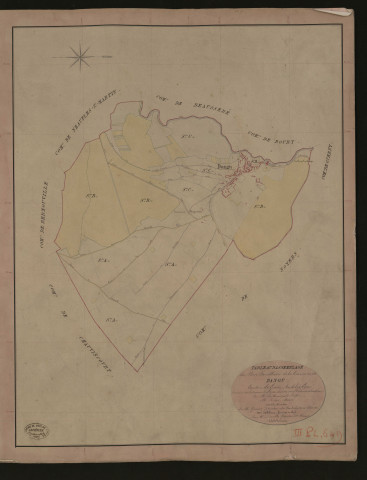 Dangu. Tableau d'assemblage du Plan Parcellaire de la Commune de Dangu. _ Canton de Gisors - Andelys - Eure. _ Terminé sur le terrain le 9 septmbre 1840, sous l'administration de M. de Monicault, Préfet - M. Diévé, Maire et sous la direction de M. Garnier, Directeur des Contributions directes. _ M. Le Fébure, Géomètre en Chef. _ Par M. Depoilly, Géomètre de 1re classe