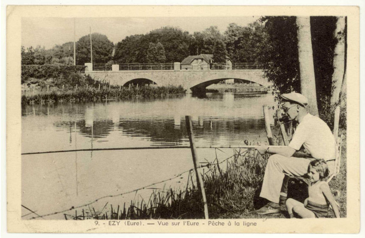 Ezy-sur-Eure. Vue sur l'Eure-Pêche à la ligne.