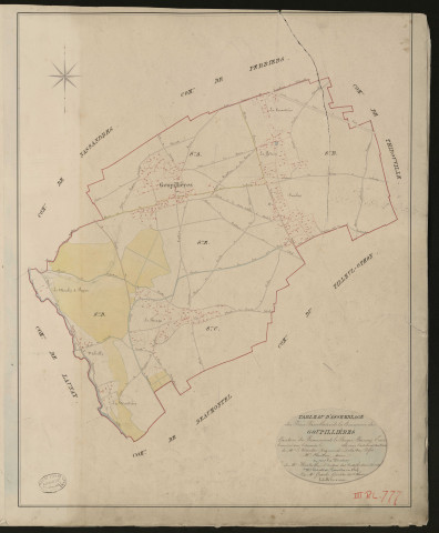Goupillières. Tableau d'assemblage du Plan Parcellaire de la Commune de Goupillières _ Canton de Beaumont-le-Roger - Bernay - Eure. _ Terminé sur le terrain le 1826, sous l'administration de M. Le Vicomte Raymond Delaitre, Préfet - M. Chrétien, Maire et sous la direction de M. Hurtelle, Directeur des Contributions directes. _ M. Hautier, Géomètre en Chef. _ Par M. Gérard, Géomètre de 1re classe