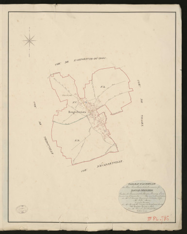 Rouge-Perriers. Tableau d'assemblage du Plan Parcellaire de la Commune de Rouge-Perriers _ Canton de Beaumont-le-Roger - Bernay - Eure. _ Terminé sur le terrain le 1826, sous l'administration de M. Le Vicomte Raymond Delaitre, Préfet - M. Costé, Maire et sous la direction de M. Hurtelle, Directeur des Contributions directes. _ M. Hautier, Géomètre en Chef. _ Par M. Chainot, Géomètre de 1re classe