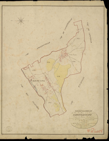 Amfreville-sur-Iton. Tableau d'assemblage _ du Plan Parcellaire de la Commune d'Amfreville-sur-Iton _ Canton de Louviers - Louviers - Eure. _ Terminé sur le Terrain en 1823, sous l'administration de M. Le Vicomte Raymond Delaître, Préfet _ M. Hardy, Maire _ sous la Direction de M. Boullenger, Directeur des Contributions directes _ M. Hautier, Géomètre en Chef. _ Par M. Pilfert, Géomètre de 1re classe.