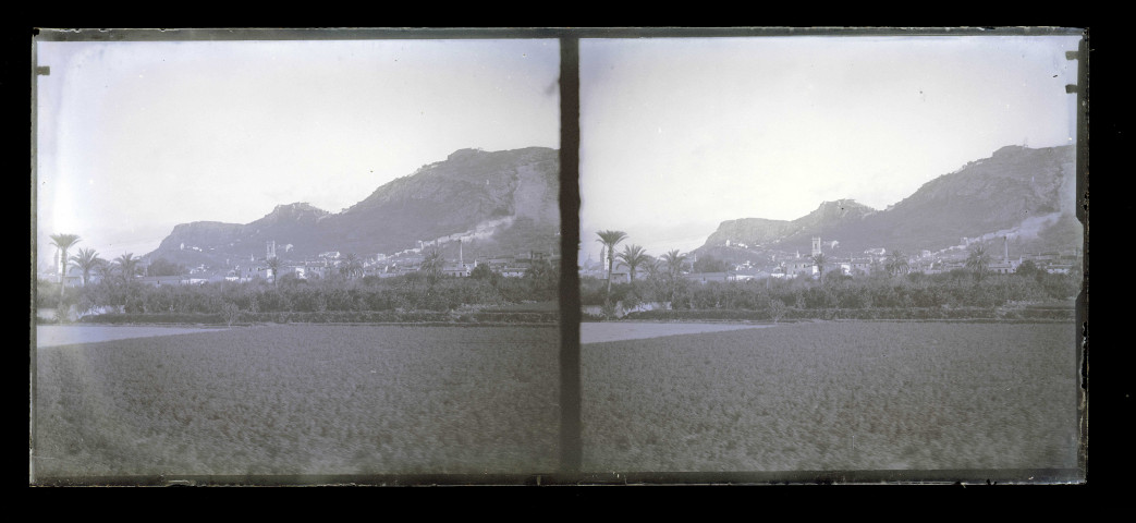 Vue générale d'une ville et château médiéval sur le haut de la colline.