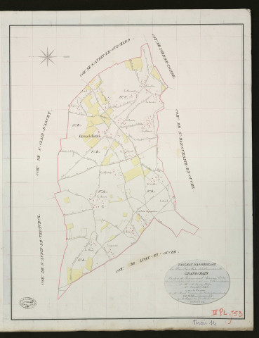 Grandchain. Tableau d'assemblage _ du Plan Parcellaire de la Commune de Grandchain. _ Canton de Beaumesnil - Bernay - Eure. _ Terminé sur le terrain le 8 juin 1833 sous l'administration de M. A. Passy, Préfet _ M. Lenoble maire _ en sous la Direction de M. Marel, Directeur des Contributions directes. _ M. Le Fébure, Géomètre Chef. _ Par M. Charpentier, Géomètre de 1re classe.