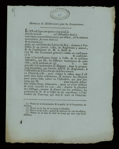Modèle de délibération pour les corporations, modèle d'assignation à donner aux ecclésiastiques et modèle de délibération pour les élections dans le clergé, modèle de procuration.