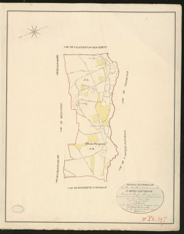 Saint-Denis-d'Augerons. Tableau d'assemblage du Plan Parcellaire de la Commune de Saint-Denis-d'Augeron. _ Canton de Broglie - Bernay - Eure. _ Terminé sur le terrain le 29 mai 1831, sous l'administration de M. Passy, Préfet - M. Debarrey, Maire et sous la direction de M. Marel, Directeur des Contributions directes. _ M. Le Fébure, Géomètre en Chef. _ Par M. Lefroid, Géomètre de 1re classe