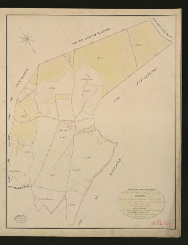 Tostes. Tableau d'assemblage _ du Plan Parcellaire de la Commune de Tostes. _ Canton de Pont-de-l'Arche - Louviers - Eure. _ Terminé sur le terrain le 24 février 1834 sous l'administration de M. A. Passy, Préfet _ M. Pesqueux, maire _ en sous la Direction de M. Marel, Directeur des Contributions directes. _ M. Le Fébure, Géomètre Chef. _ Par M. Lefebure, Géomètre de 1re classe.
