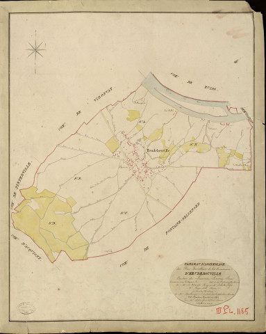 Heudebouville. Tableau d'assemblage _ du Plan Parcellaire de la Commune d'Heudebouville _ Canton de Louviers - Louviers - Eure. _ Terminé sur le Terrain en 1823, sous l'administration de M. Le Vicomte Raymond Delaître, Préfet _ M. De Carpentier, Maire _ et sous la Direction de M. Boullenger, Directeur des Contributions directes _ M. Hautier, Géomètre en Chef. _ Par M. Folin, Géomètre de 1re classe.