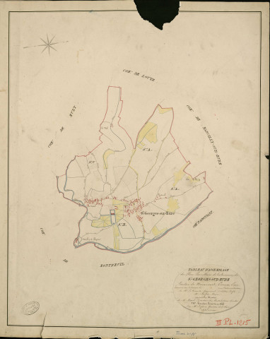 Saint-Georges-sur-Eure. Tableau d'assemblage _ du Plan Parcellaire de la Commune de St Georges sur Eure _ Canton de Nonancourt - Evreux - Eure. _ Terminé sur le Terrain le , sous l'administration de M. Le Vicomte Raymond Delaitre, Préfet _ M. Largois, Maire _ et sous la Direction de M. Marel, Directeur des Contributions directes _ M. Hautier, Géomètre en Chef. _ Par M. Lefebure, Géomètre de 1re classe.