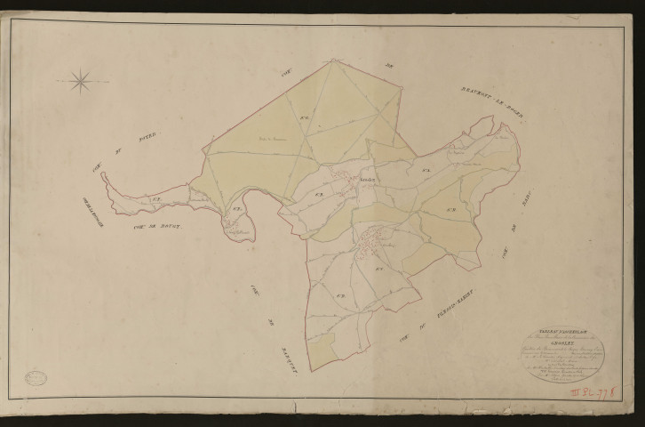 Grosley-sur-Risle. Tableau d'assemblage du Plan Parcellaire de la Commune de Groslet _ Canton de Beaumont-le-Roger - Bernay - Eure. _ Terminé sur le terrain le 1826, sous l'administration de M. Le Vicomte Raymond Delaitre, Préfet - M. Duval, Maire et sous la direction de M. Hurtelle, Directeur des Contributions directes. _ M. Hautier, Géomètre en Chef. _ Par M. Pilfert, Géomètre de 1re classe