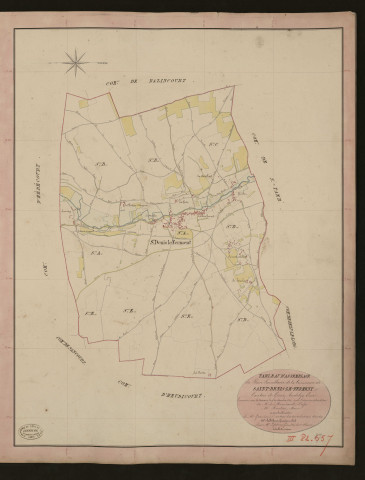 Saint-Denis-le-Ferment. Tableau d'assemblage du Plan Parcellaire de la Commune de Saint-Denis-le-Ferment. _ Canton de Gisors - Andelys - Eure. _ Terminé sur le terrain le 9 septembre 1840, sous l'administration de M. de Monicault, Préfet - M. Routier, Maire et sous la direction de M. Garnier, Directeur des Contributions directes. _ M. Le Fébure, Géomètre en Chef. _ Par M. Lefebvre, Géomètre de 1re classe