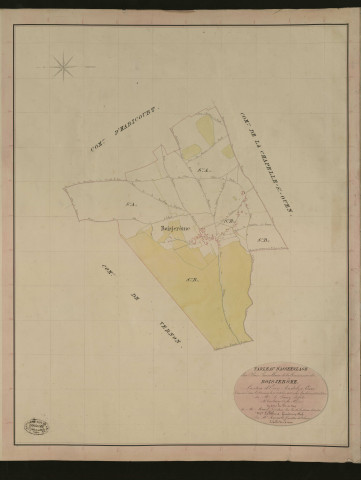 Bois-Jérôme. Tableau d'assemblage du Plan Parcellaire de la Commune de Bois-Jérôme. _ Canton d'Ecos - Andelys, Eure. _ Terminé sur le terrain le 17 octobre 1836, sous l'administration de M. A. Passy, Préfet - M. Toutain-Ouen, Maire et sous la direction de M. Marel, Directeur des Contributions directes. _ - M. Le Fébure, Géomètre en Chef. _ Par M. Renault, Géomètre de 1re classe.