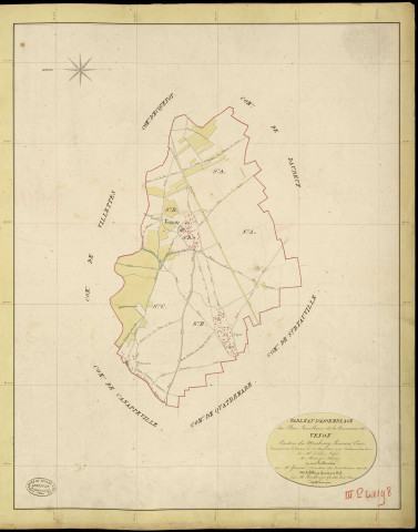 Venon. Tableau d'assemblage _ du Plan Parcellaire de la Commune de Venon _ Canton de Neubourg - Louviers - Eure. _ Terminé sur le Terrain le 28 Mars 1844, sous l'administration de M. Zédé, Préfet _ M. Maugé, Maire _ et sous la Direction de M. Garnier, Directeur des Contributions directes _ M. Le Fébure, Géomètre en Chef. _ Par M. Boullenger, Géomètre de 1re classe.