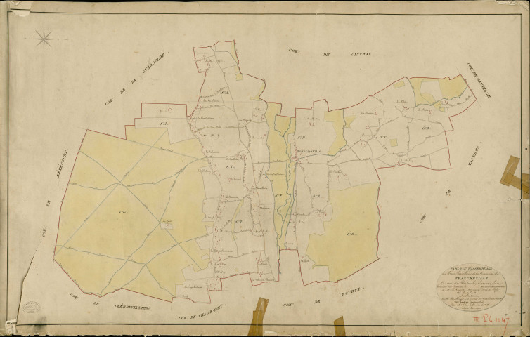 Francheville. Tableau d'assemblage _ du Plan Parcellaire de la Commune de Francheville _ Canton de Breteuil - Evreux - Eure. _ Terminé sur le Terrain en 1829 , sous l'administration de M. Le Vicomte Raymond Delaître , Préfet _ M. Genty, Maire _ sous la Direction de M.Boullenger, Directeur des Contributions directes _ M. Hautier, Géomètre en Chef. _ Par M. Thorel, Géomètre de 1re classe.