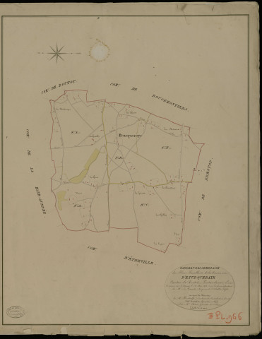 Eturqueraye. Tableau d'assemblage _ du Plan Parcellaire de la Commune d'Eturqueraye _ Canton de Routot - Pontaudemer - Eure. _ Terminé sur le Terrain le 8 mai 1826 , sous l'administration de M.Le Vicomte Raymond Delaitre, Préfet _ sous la Direction de M.Hurtrelle, Directeur des Contributions directes _ M. Hautier, Géomètre en Chef. _ Par M. Canu, Géomètre de 1re classe.