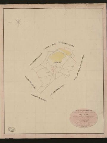 Cantiers. Tableau d'assemblage du Plan Parcellaire de la Commune de Cantiers. _ Canton d'Ecos - Andelys - Eure. _ Terminé sur le terrain le 10 août 1836, sous l'administration de M. A Passy, Préfet - M. Hébert, Maire et sous la direction de M. Marel, Directeur des Contributions directes. _ M. Le Fébure, Géomètre en Chef. _ Par M. Canu, Géomètre de 1re classe