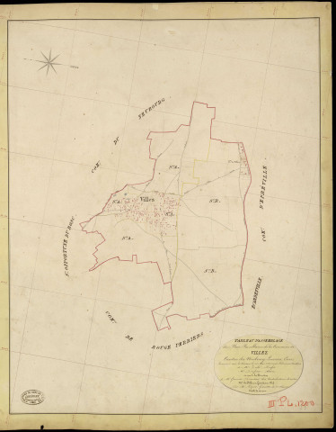 Villez-sur-le-Neubourg. Tableau d'assemblage _ du Plan Parcellaire de la Commune de Villez _ Canton de Neubourg - Louviers - Eure. _ Terminé sur le Terrain le 16 Mai 1845, sous l'administration de M. Zédé, Préfet _ M. Dufour, Maire _ et sous la Direction de M. Garnier, Directeur des Contributions directes _ M. Le Fébure, Géomètre en Chef. _ Par M. Pizier, Géomètre de 1re classe.