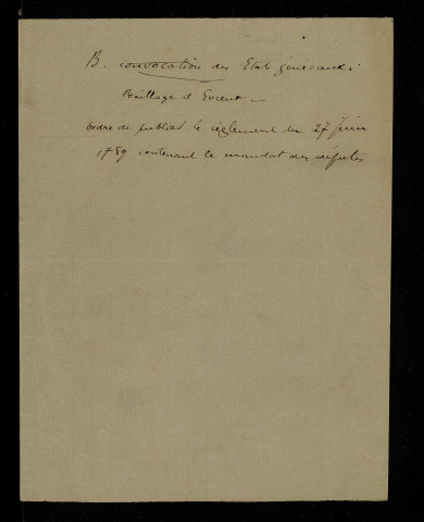 Ordre donné par le lieutenant général du bailliage et siège présidial d'Evreux d'enregistrer et publier le règlement contenant les mandats des députés aux Etats-Généraux en date du 27 juin 1789, manuscrit.
