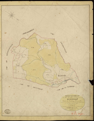 Houetteville. Tableau d'assemblage _ du Plan Parcellaire de la Commune d'Houetteville _ Canton de Neubourg - Louviers - Eure. _ Terminé sur le Terrain le 20 Décembre 1845, sous l'administration de M. Petit de Bantel, Préfet _ M. Goubé, Maire _ et sous la Direction de M. Violas de Martigny, Directeur des Contributions directes _ M. Le Fébure, Géomètre en Chef. _ Par M. Piedevant, Géomètre de 1re classe.