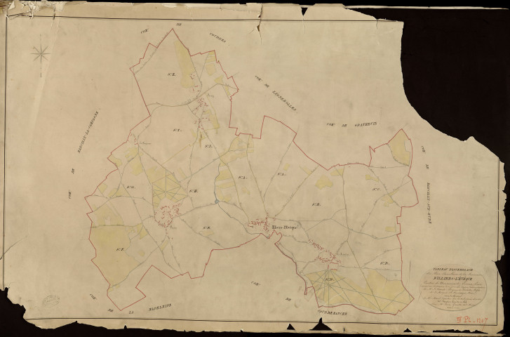 Illiers-l'Evêque. Tableau d'assemblage _ du Plan Parcellaire de la Commune d'Illiers l'Evêque _ Canton de Nonancourt - Evreux - Eure. _ Terminé sur le Terrain le 20 Décembre 1829, sous l'administration de M. Le Vicomte Raymond Delaitre, Préfet _ M. Le Marquis de Clinchamps, Maire _ et sous la Direction de M. Marel, Directeur des Contributions directes _ M. Hautier, Géomètre en Chef. _ Par M. Canu, Géomètre de 1re classe.