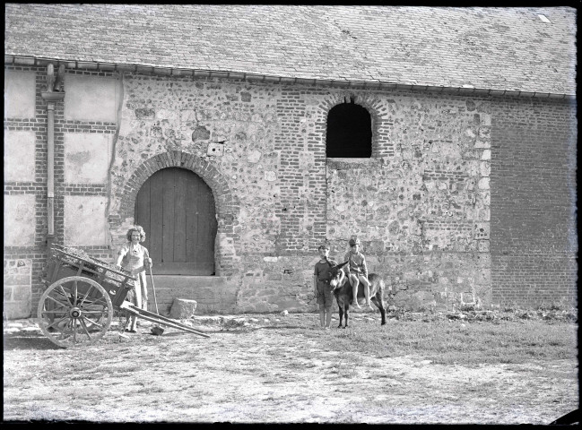 Jeunes enfants et leur âne dans une cour de ferme normande.